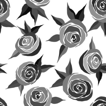 Seamless Pattern With Stylized Roses In Monochrome Gray, Wallpaper Ornament, Wrapping Paper, Romantic Background