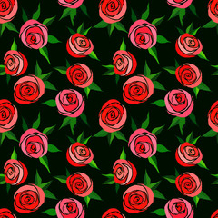 seamless pattern with stylized roses in bright colors, wallpaper ornament, wrapping paper, romantic background
