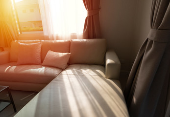 Curtain interior decoration in living room with sunlight.