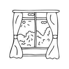 Window with curtains and windowsill. The view from the window to the street. Silhouettes of trees, the sun, clouds. Black and white doodle style illustration vector