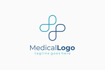 Healthcare Medical Logo. Blue Linear Rounded Cross Sign Health Icon. Flat Vector Logo Design Template Element.