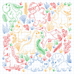 Fototapeta na wymiar Dinosaurs, dino. Vector pattern kids fabric, textile, nursery wallpaper. Illustration for children.