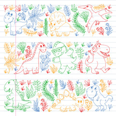 Fototapeta na wymiar Pattern kids fabric, textile, nursery wallpaper. Vector illustration. Hand drawn dinosaurs, dino for little children.