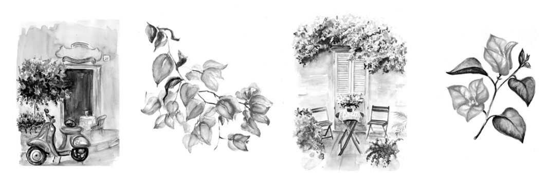 Fototapeta  Watercolor painting of Vintage old street sketch art illustration