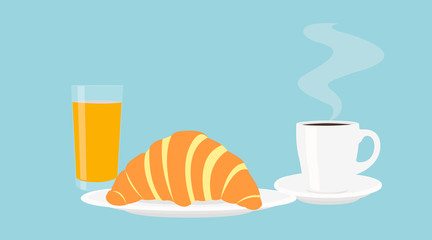 Vector Illustration Isolated of a Croissant, an Orange Juice Glass and a Cup of Coffee