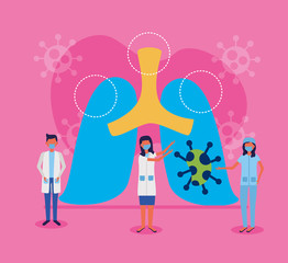 medical staff using face masks with lungs and covid19 particles