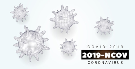 Coronavirus banner white background with bacteria, Corona Virus, SARS-CoV-2. 2019-nCoV concept with polygonal virus cell mesh. 3D COVID-2019 elements. Vector illustration