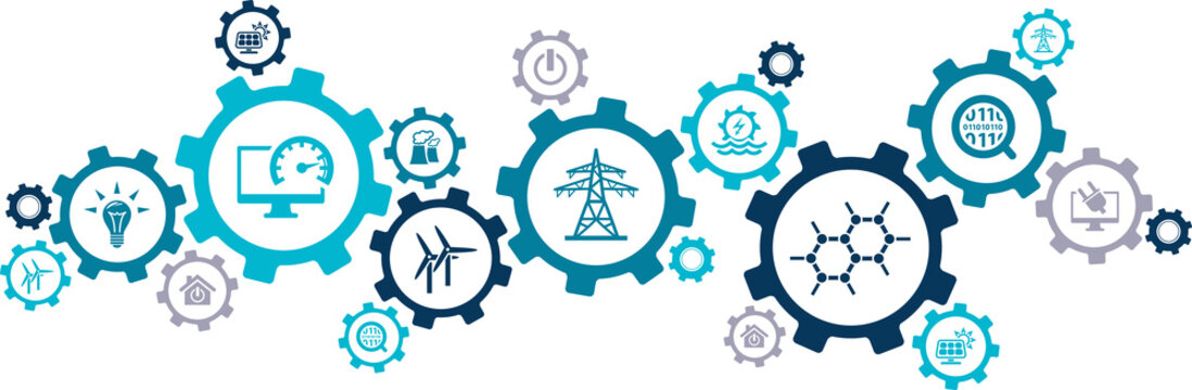 Smart Grid Vector Illustration. Concept With Connected Icons Related To Innovative Energy Transmission, Electricity Distribution Or Transport With Supported By Iot Technology.