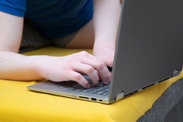 Fototapeta premium A man is sitting on the sofa at a laptop. Engaged in work on deleting over the Internet.