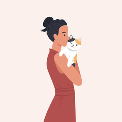 Happy girl hugging a cat. Portrait of happy pet owner. Vector illustration in a flat style