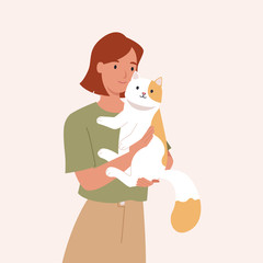 Teen girl holding her cute cat. Portrait of happy pet owner. Vector illustration in a flat style