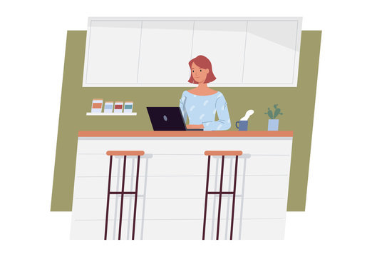 Stay at home. Young woman working on laptop computer at home. Freelance, work at home, remote work and home office. Vector illustration in a flat style