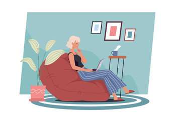 Stay at home. Young woman working on laptop computer at home. Freelance, work at home, remote work and home office. Vector illustration in a flat style