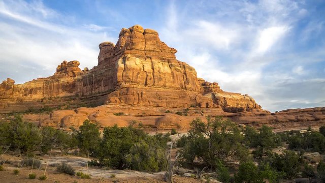 Panning Sunset Timelapse of a Red Sandstone Butte in the Needles District of Canyonlands National Park	