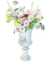 A huge bouquet of flowers in an old stone garden vase.