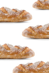 Freshly baked bread pattern.  Baquette solated on white background, top view. Bakery, Food concept.