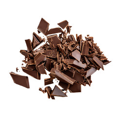 Dark chocolate pieces isolated on white background.  Chocolate bar chunks, shavings and cocoa crumbs Top view.