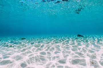 Turquoise ocean with sandy bottom underwater. Tropical sea in paradise island