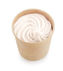 Vanilla ice cream isolated on white background, top view. Yogurt ice-cream in paper  cup close up