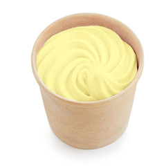 Lemon fruity  ice cream isolated on white background, top view. Yogurt icecream in paper  cup close up