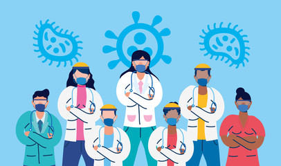 medical staff with face masks and covid19 particles