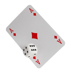 Ace of spades playing card and die for poker, gambling and casinos, isolated on white background with clipping path