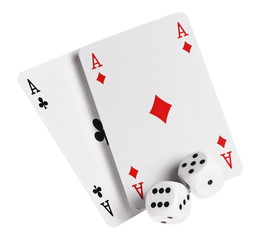Ace of spades, clubs playing cards and dice for poker, gambling and casinos, isolated on white background with clipping path