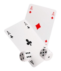 Ace of spades, clubs playing cards and dice for poker, gambling and casinos, isolated on white background with clipping path