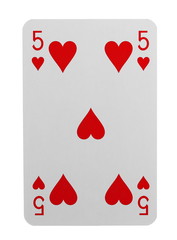 Playing card for poker, gambling and casinos, red hearts isolated on white background with clipping path
