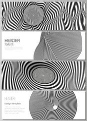 The minimalistic vector illustration of the editable layout of headers, banner design templates. Abstract 3D geometrical background with optical illusion black and white design pattern.