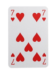 Playing card for poker, gambling and casinos, red hearts isolated on white background with clipping path