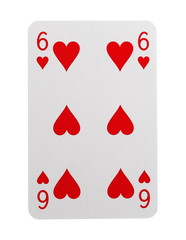 Playing card for poker, gambling and casinos, red hearts isolated on white background with clipping path