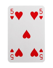 Playing card for poker, gambling and casinos, red hearts isolated on white background with clipping path