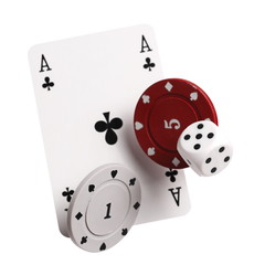 Ace of clubs playing card, poker chips and die for gambling and casinos, isolated on white background with clipping path
