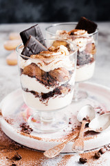 Homemade Italian dessert tiramisu with savoiardi and mascarpone,