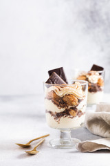 Homemade Italian dessert tiramisu with savoiardi and mascarpone,
