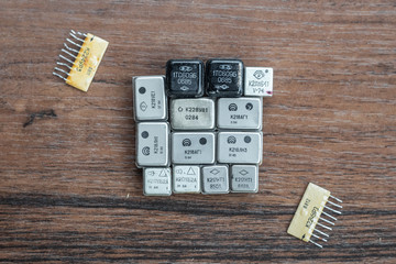 Kyiv, Ukraine - April 2020 Old soviet union metallic microchips. Close up of obsolete used...