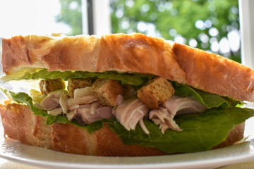 Close up of a caesar salad sandwich