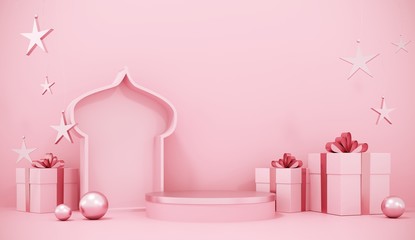 Ramadan Kareem greeting template with arabic lantern, moon, gift, presents and stars. Podium, stand on holiday light background for advertising products - 3d render illustration for cards, greetings.