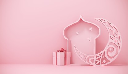 Ramadan Kareem greeting template with arabic lantern, moon, gift, presents and stars. Podium, stand on holiday light background for advertising products - 3d render illustration for cards, greetings.