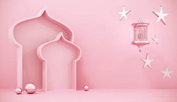 Ramadan Kareem greeting template with arabic lantern, moon, gift, presents and stars. Podium, stand on holiday light background for advertising products - 3d render illustration for cards, greetings.