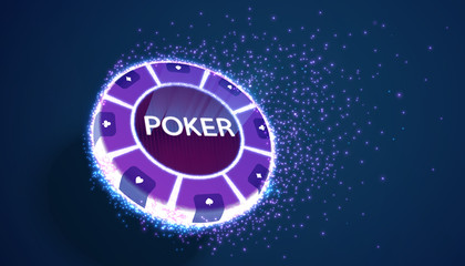 Poker neon chip flying. Vector background.