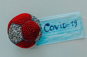 model Coronavirus, medical protective mask, gloves, antiseptic on white background. SARS-cov-2 covid-19 travel. Flat lay. Copy space. pandemic quarantine self isolation, 2019-nCoV