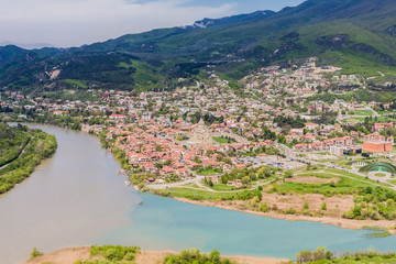 View of Unesco heritage site town in Mtskheta with Samtavro Monastery. Historic city of Georgia.