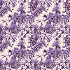 Aloe vera, cactus and orchids, seamless pattern.