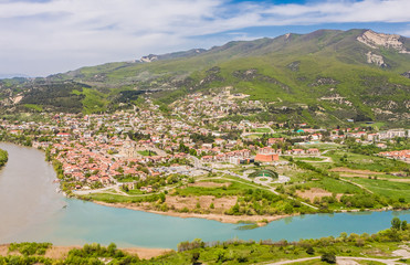 Fototapeta na wymiar View of Unesco heritage site town in Mtskheta with Samtavro Monastery. Historic city of Georgia.