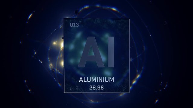 Aluminium as Element 13 of the Periodic Table. Seamlessly looping 3D animation on blue illuminated atom design background with orbiting electrons. Design shows name, atomic weight and element number 