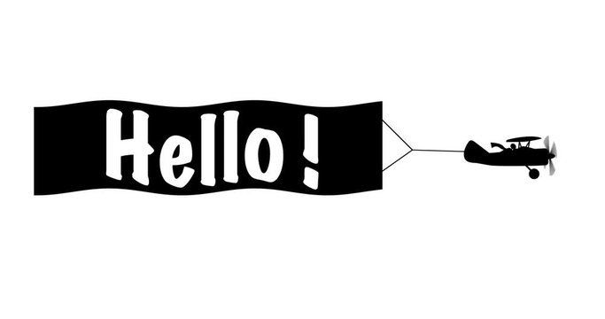 Hello, greeting card, web banner, animation, illustration, cartoon, clip art, airplane with poster alpha channel, looping, endless, black and white