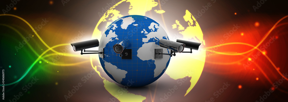 Poster 3d rendering surveillance cctv security camera connected globe