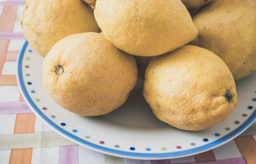 Close up of organic lemons in a colorful dish, on top of a table. Useful as a floral background.
